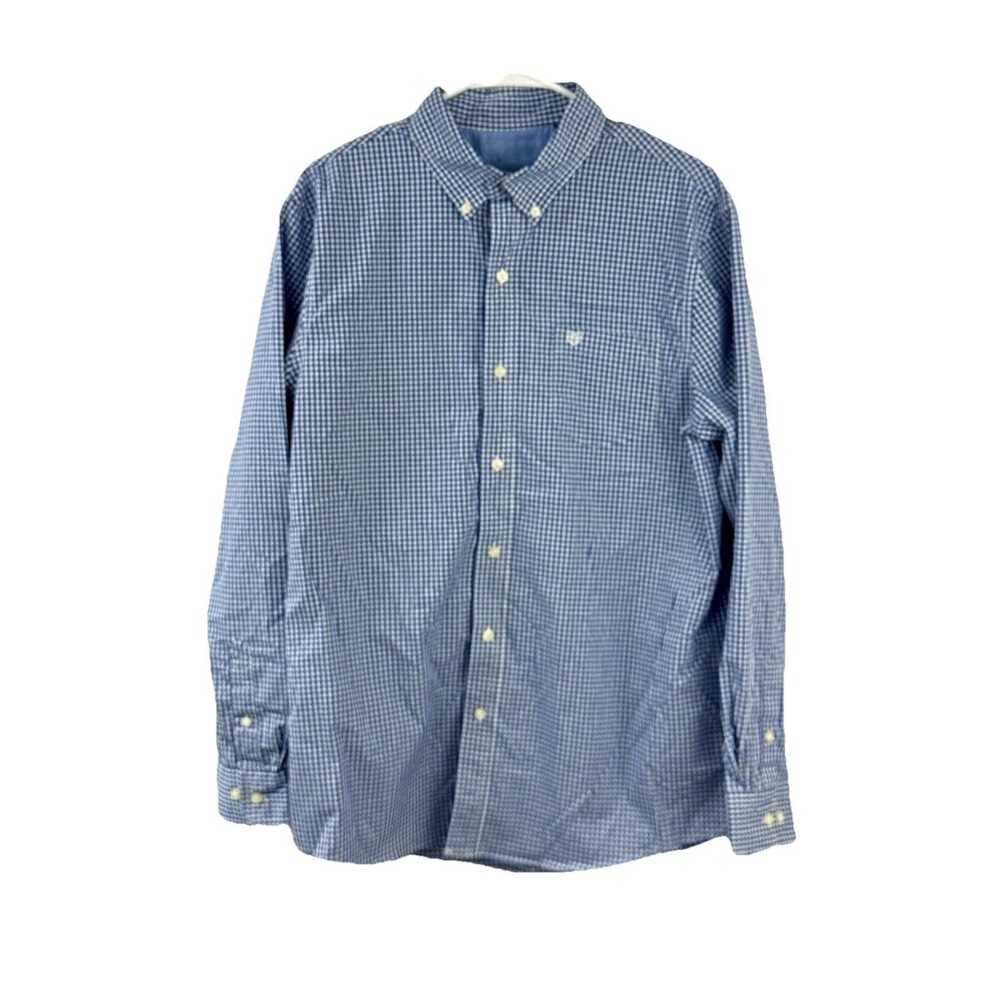 Y2K Chaps Mens Classic Fit Blue Gingham Poplin Long Sleeve ButtonDown Shirt Sz L